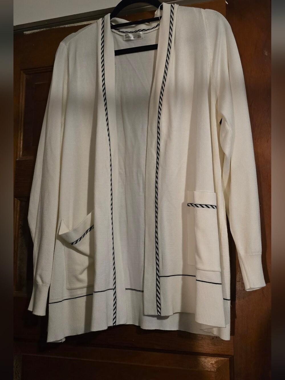 89th + Madison Cream Open-Front Cardigan with Black Trim